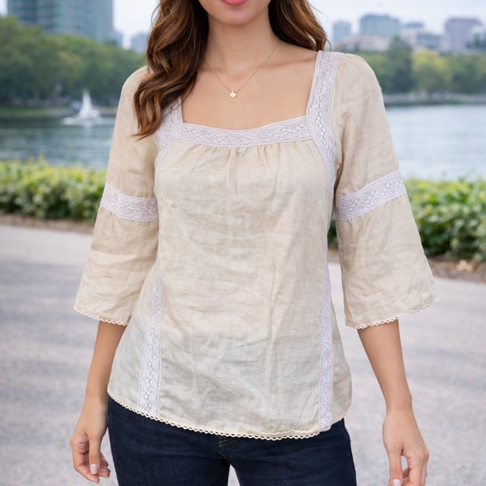 Tory Burch Square Neck Peasant Linen Blouse